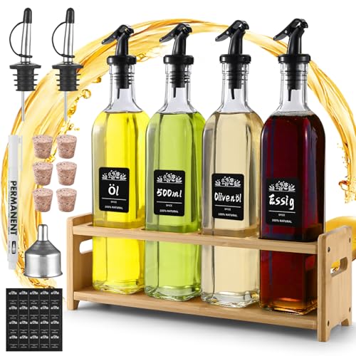 elagel Essig Und ÖLflaschen Set(4 * 500ml), ÖL Und Essigspender Mit Holzständer, Ölflasche mit Ausgießer, Spenderflasche, Oil Bottle mit Etikett Und Korken