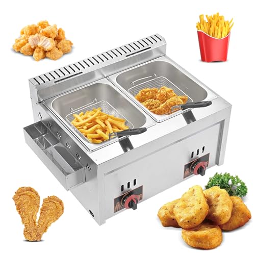 20L Gasfritteuse mit großem Fassungsvermögen – Gewerbe-LGP-Fritteuse mit Zwei Tanks – Gewerbe-Fritteuse aus Edelstahl mit Körben und Deckeln – einstellbare Feuerkraft – für Zuhause und Gewerbe