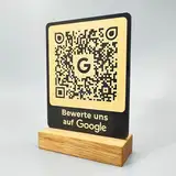 Social Media Aufsteller mit QR-Code für Bewertungen, Homepage, Follower, Infos | Google, Instagram, Snapchat, Facebook (Google (Holz/Schwarz), SMART (15 x 9,8 cm))