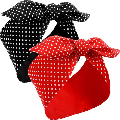 2 Schals (rot und schwarz) für Frauen, Retro, 1940er-Jahre, Kopfband, Bandana, Boho, Hasenohr-Stirnband, Vintage, Haar-Accessoires für Mädchen (gepunktet)