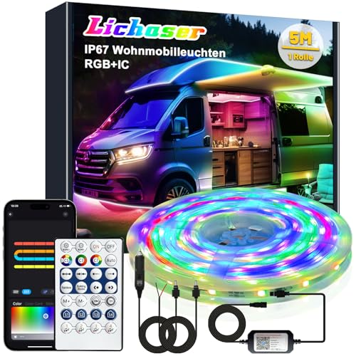 Lichaser 5M LED Streifen für Wohnmobile, Wasserdicht 12V LED Lampen für Wohnmobile IP67 RGB+IC mit App und Fernbedienung, Wohnmobilbeleuchtung für den Innen und Außenbereich für Markise Wohnwagen