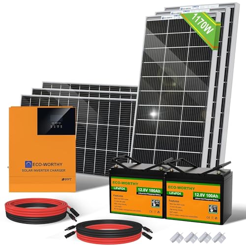 ECO-WORTHY 1170W 24V Solaranlage Komplettset mit LiFePO4,Solarpanel System Netzunabhängige für Wohnmobil: 6 * 195W Solarpanel + 2 * 100Ah LiFePO4 +24V 3000W Hybrid Inverter