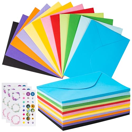 Farbige Briefumschläge 12 Farben, 72 Stück Farbige Umschläge für Geschenke 12.6 * 17.6cm, Farbige Umschläge mit 3 Blatt Selbstklebende Aufklebern für Geburtstage, Hochzeiten, Partys