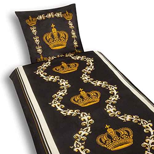 Julido Bettwäsche-Set, Bettdeckenbezug 135x200cm und Kopfkissenbezug 80x80cm, Deckenbezug und Kissenbezug aus Polyester, in Schwarz und Gold, mit Krone, Oeko-Tex