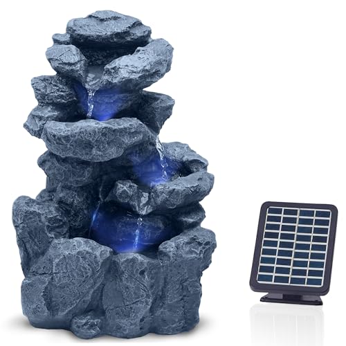 Gartenbrunnen Solar für Outdoor mit Beleuchtung LED – Echter Wasserfall Felsenbrunnen Vintage Garten Brunnen Groß für Außen Gartendeko - Gartenteich Deko Vogelbad - Outdoor (Yosemite Fall - Grau)