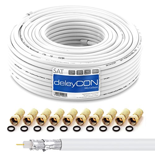 deleyCON HQ 30m SAT Koaxial Kabel 130dB - 4-fach geschirmt für DVB-S - S2 DVB-T und DVB-C - Stahl/Kupfer Innenleiter - 4K 1080p FULL HD HDTV - inkl. 10x vergoldete F-Stecker