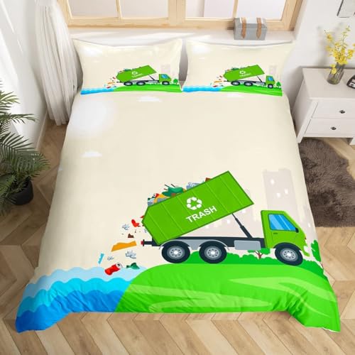 Sezhiqeu Müllabfuhr-Fahrzeug Bettwäsche 140x200, 3D Muster Weich Kuschelig Mikrofaser Bettwäsche Set Cartoon-Autos Bettbezug + 2 Kissenbezug 80x80 cm mit Reißverschluss A4560