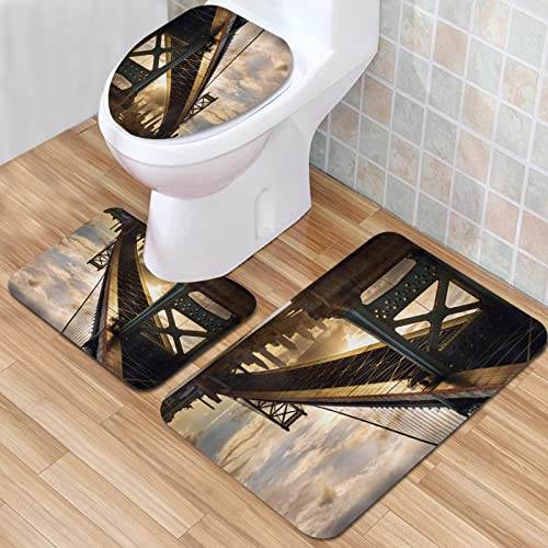 IUBBKI Badematte, rutschfeste Badematte, Ben Franklin Bridge, Geschäftsviertel, Wasserlandschaft, Sonnenuntergang, Badematten-Set, 3-teilig, saugfähig, rutschfest, Badematte, WC-Vorleger, Badteppich