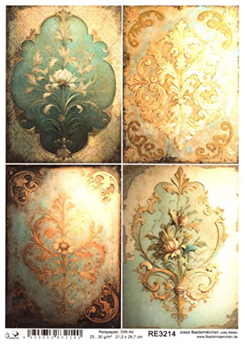 Josys Bastelmärchen Reispapier A4 Strohseide Decoupage Vintage Muster Damast Blumen RE3214