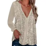 Glitzer Oberteile Damen Silber - Oberteil Tunika Modern Glitzer Langarmshirt Shirt V Ausschnitt Festliche Party Pullover Blusen Zur Hochzeit Vintage Oberteile Top Bluse (B1-Rose Gold, XXL)