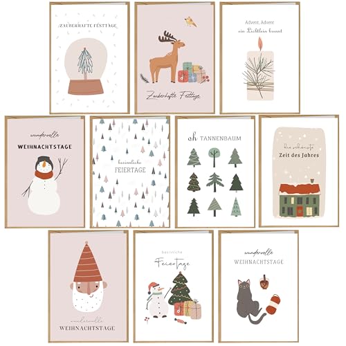 BIROYAL Weihnachtskarten mit Umschlag Set 10 Stück - A6 Weihnachtsgrußkarten Weihnachts Klappkarten | Weihnachtskarte Weihnachtspostkarten Christmas Postkarte mit Umschlägen für deine Weihnachtsgrüße