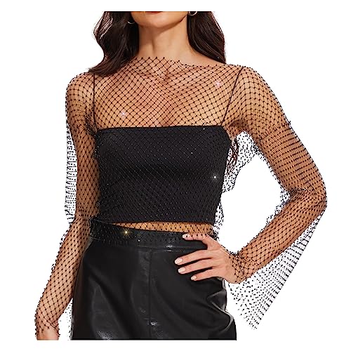 JasGood Strass Glänzendes Mesh Körper Kette Tops für Frauen Funkelnde Bikini Crop Top für Nachtclub Party Festival