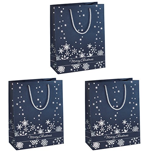 SIGEL GT110 große Premium Papier-Geschenktüten | 26 x 33 cm | 3er Set | mit Silberprägung | für Weihnachten | "Silver Snowflakes"