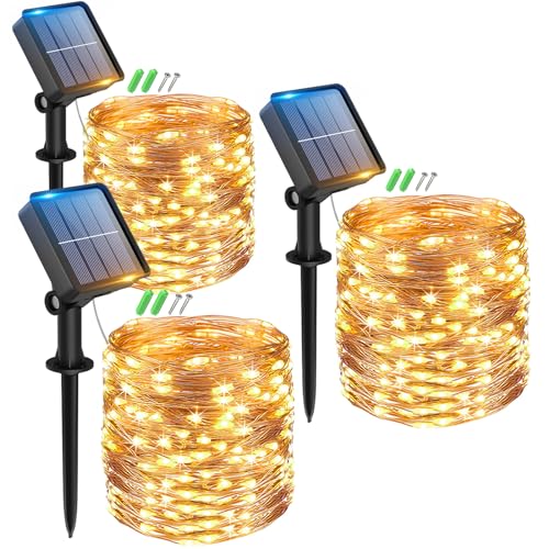 Peasur 3 Stücke Solar Lichterkette Aussen, 3x12M 120 LED Solarlichterkette Außen Wetterfest, 8 Modi IP65 Wasserdicht Kupferdraht Lichterkette Outdoor für Balkon Garten Party Hochzeit Deko, Warmweiß