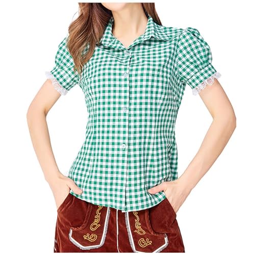 Oktoberfest-Karohemd für Damen, traditionelle deutsche Karierte Bluse für Festivals Damen Bluse Schwarz Gepunktet Damen Blusen Sommer (Green, L)