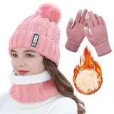 TYXHXTF Wintermütze Schal Handschuhe Set, Loop Schal Damen, Wintermütze Damen, Schal Wärmer Mütze Damen 3 in 1 Set, Warme Mütze, Schal, Handschuh-Set für Damen, Winterschal Damen, Rosa