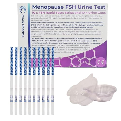 Clark Pharma 10-teiliges Menopausentest-Set | 10 Teststreifen und 10 Urinprobenbecher | FSH-Hormon-Erkennung bei Frauen | Selbsttest für die Menopause Perimenopause Fruchtbarkeit