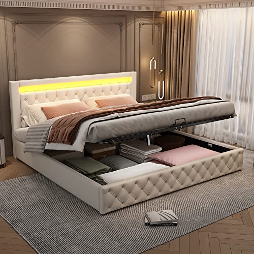 Kehun Polsterbett Doppelbett 180x200 mit LED-Kopfteil, Hydraulisches Bett mit Stauraum, Stauraumbett Bettgestell mit Hydraulische Metallrahmen und Lattenrost aus Holz, Weiß, PU, Ohne Matratze