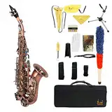 Sopransaxophon,KOCAN Rote antike Sopransaxophon B-Taste Holzblasinstrument Instrument Messingmaterial mit Tragetasche Sax Stand Reed Handschuhe Reinigungstuchbürste Sax Strap Mundstück Bürste