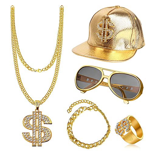 ZJRung Hip Hop Kostüm Kit 5 Stück 80/90er Rapper Zubehör Hip Hop Dollar Halskette Goldring Sonnenbrille Goldkette Baseball Cap für Fasching Karneval Party Zubehör