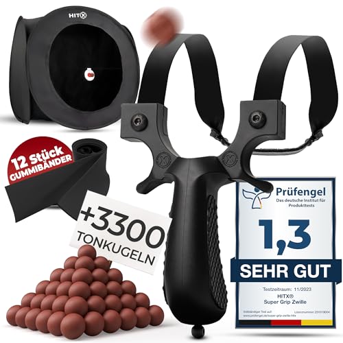 HITX® Zwille Steinschleuder Spar-Bundle [SG-Berlin] - 1x Super Grip Schleuder | 3300x Tonkugeln Munition | 12x Gummibänder Extra Stark | 1x Kugelfang mit Zubehör | Slingshot Bundle Set