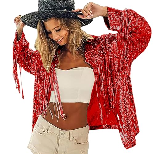 Duohropke Damen Glitzer Pailletten Jacke Hiphop Langarm Bomberjacke Reißverschluss Fliegenjacke Bikerjacke Outwear