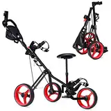 COSTWAY Golftrolley, Golf Trolley, Golftrolley 3 Rad Klappbar, Golfwagen Klappbar, Golf Cart, Golf Trolleys | mit verstellbarem Sitz & Griff & Halter für Schirm und Flasche (Rot)