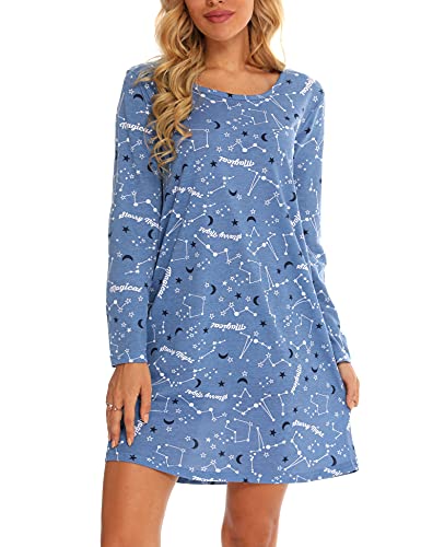 Nachthemd Damen-Langarm Schlafhemd -Weiche Nachtwäsche für Lounge(X-Large,Blauer Stern)