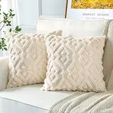 Artscope 2er Set Wolle Kissenbezüge Weicher Plüsch Kurzer Wollsamt Dekokissenbezuge Luxuriöses Sofakissen Europäische Kissenhülle für Sofa Schlafzimmer Geometrische Creme Beige, 50x50cm