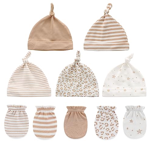 Ecojoy Newborn Baby 5 Mützen und 5 Paar kratzfeste Fäustlinge für Babys Jungen und Mädchen, Alter 0-6 Monate, 100% Baumwolle, Einheitsgröße, Beige