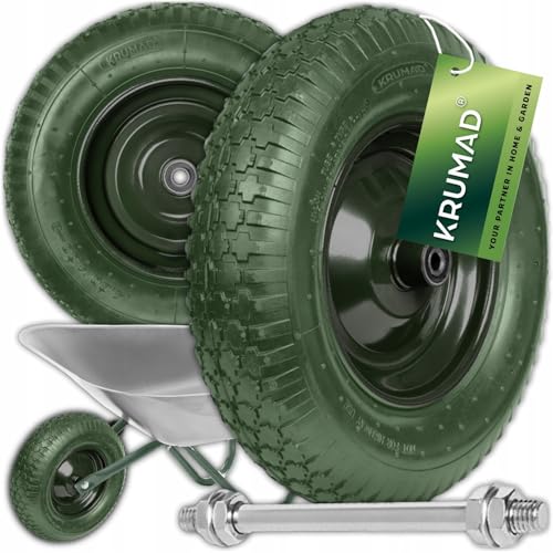 KRUMAD Schubkarrenrad, Pannensicher, Wartungsfrei, Stahlfelge, Doppelkugellager, Inklusive Achse, Ersatzrad für Schubkarre & Transportwagen, 4.80/4.00-8, 200 kg Tragkraft, Dunkelgrün (PU-Schaum)