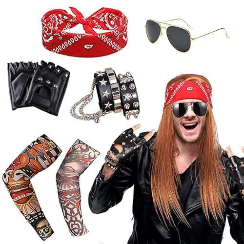 AXKIIN 6 Stück Punker Kostüm Set 60/70/80er Jahre Outfit Herren Rocker Kostüm Armband Kopftuch Ärmelschoner Handschuhe Brille Fasching Kostüm Herren für Karneval