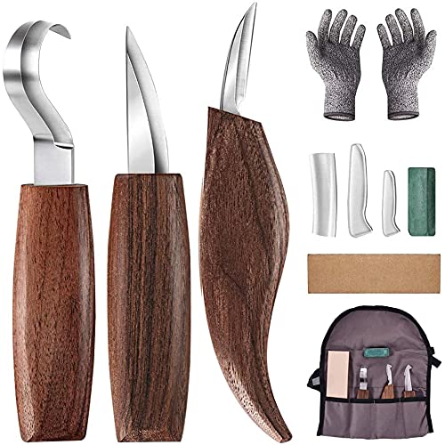 Holz-Schnitzwerkzeug Set, 7 Teiliges Holz Schnitzmesser mit Schleifsteine, Professional Holzschnitzerei Messer Werkzeuge ideales Schnitzmesser-Set für Anfänger und Profis mit Schnittfeste Handschuhe