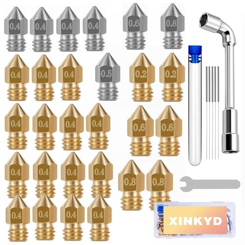 28 Stk 3D Drucker Düse Set, MK8 Nozzle 21x Messingdüsen+7x Edelstahldüsen für 0,2mm 0,4mm 0,6mm 0,8mm Extruder Düsen mit Düsenreiniger tool für CR-8 / CR-10 / Ender 3 / Ender 3S / 5/6 and so on…