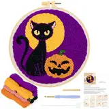 JSRQT Punch Needle Stickerei Set für Anfänger,Halloween Stanznadel Stickerei Starter Kit,Starter Stanznadelstoff Set mit Schwarze Katze Kürbis Muster,Einfädler-Werkzeug für Stanznade