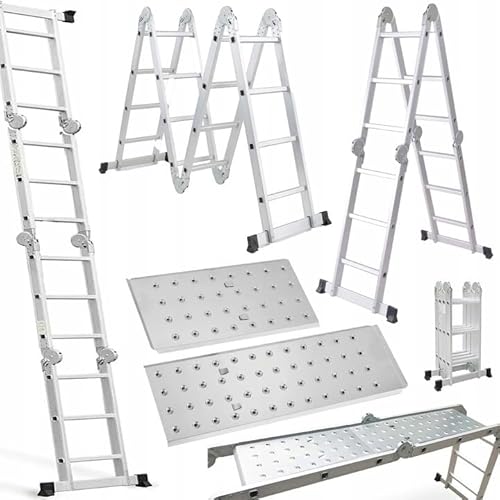 Aluminium Leiter - 4x3 mit 2 Platform Sprossen Silber - Ausziehbar Aluleiter Verstellbar Rutchfest Trittleiter - Max. Arbeitshöhe 3,55m von Hardmaister