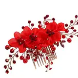 YAZILIND Schönheits-Braut-Haar-Kamm-rote Spitze-Blumen Rhinestones-Hochzeits-Haar-Zusätze Partei für Frauen