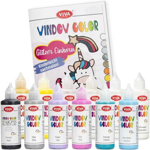 LM-Kreativ Window Color Set Glitzer Einhorn – Tauche ein in eine Welt voller Farben mit 11 x 90ml Farben & 1 x 90ml Konturfarbe auf Wasserbasis, Vorlagenheft mit 35 Einhorn-Motiven