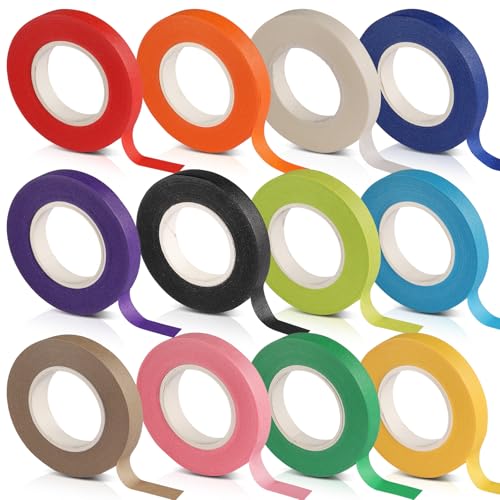 YFPOPONE 12 Rollen Klebeband Bunt, 20m*10mm Papier Klebeband, DIY Malerkrepp Für Kinder, 12 Farben Von Abklebeband Maler, Krepppapier Wasserfest Bunt Für Basteln, Dekorieren, Malen