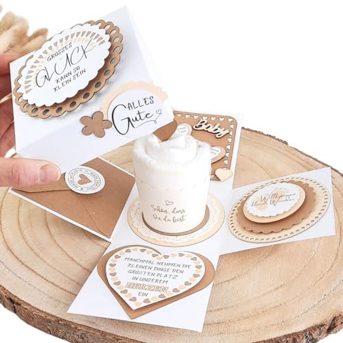 LIDAM Explosionsbox Geschenk zur Geburt für Junge&Mädchen mit Windel | Baby Geschenk | 10x10cm Überraschungsbox | Geschenk für Eltern | mit Grußkarte | NeugeborenenGeschenk | Taufgeschenk