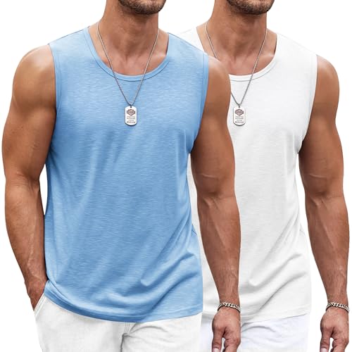 COOFANDY Herren Tank Top Ärmelloses Shirt Fitness Achselshirt Muskelshirt Schnelltrocknendes Gym Sleeveless Funktionsshirt Sport Laufshirt für Männer Weiß/Hellblau L