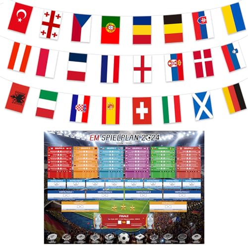 AhfuLife EM Fahnen Wimpelkette und EM Spielplan Poster 2024, Euro Fußball 2024 Party Dekoration, 11m-20x28cm Doppelseitig EM Flaggen und A1 Format Poster für Europameisterschaft Fussball 2024 Deko