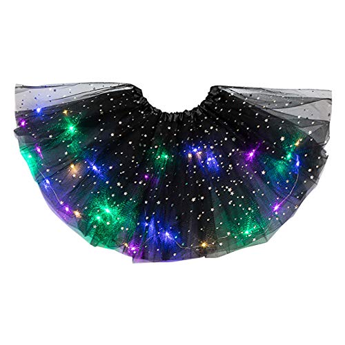 Karneval Kostüm Damen Tüllrock Damen Tütü Rock Tutu mit LED_Lichter Minirock Sterne Pailletten Tanzkleid Dehnbaren Ballettrock Tüllrock Vintage Erwachsene Fancy Dress Festliche (Black#4, One Size)