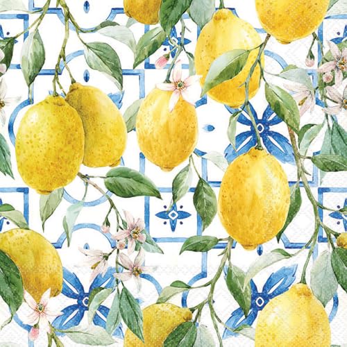 Ambiente Serviette Mediterrane Zitronen 33x33 cm 20 Stück Bedruckung Einseitig Sommer Papiermotiv für Serviettentechnik oder Decoupage Techniken