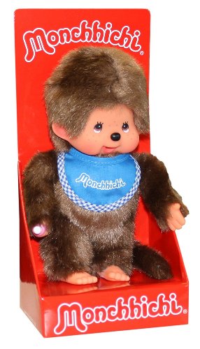 Sekiguchi 255040 - Original Monchhichi Junge, Plüschtier mit blauem Lätzchen und Zöpfen mit Schleifen, ca. 20 cm großes Kuscheltier aus braunem Plüsch, Braun