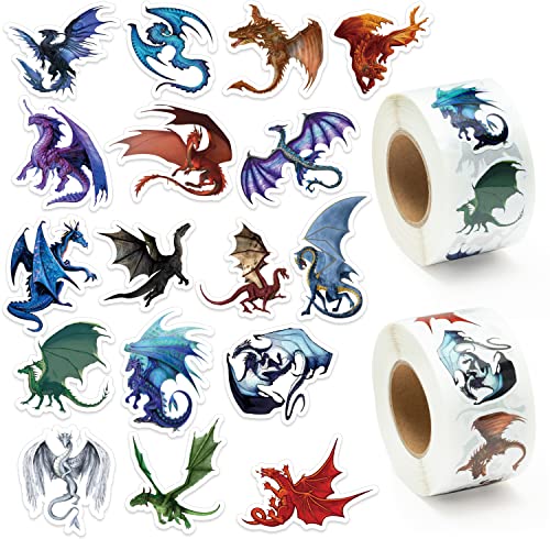 GROBRO7 1000Pcs Dragon Realistische Aufkleber Rolle, lebensechte Drachen wasserdichte Vinyl ästhetische Aufkleber für Wasserflasche Scrapbooking Laptop, Party Tasche Füller Bevorzugungen