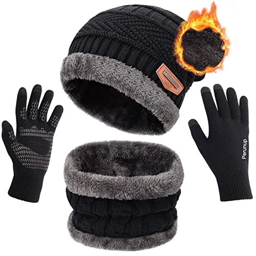 Petrunup Hat Circle Schal und Handschuhe Set Herren Damen Touchscreen Handschuhe Nackenwärmer Slouch Mütze Schwarz