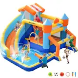 SportBob Hüpfburg mit Gebläse und Wasserrutsche für Kinder Indoor und Outdoor, hüpfburgen XXL mit Fußballtor, Wasserbüchse und Basketballkorb, Wasserpark für den Kinder Garten Geburtstag Party
