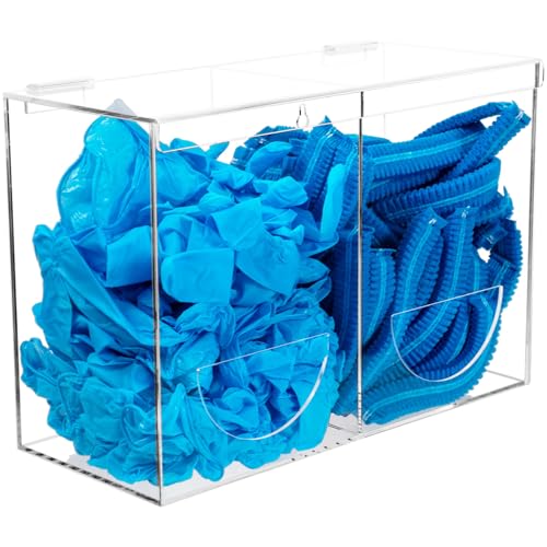 SEANADO Transparenter Acryl-Handschuhhalter Spender mit Deckel, 2 Fächer, Hygienestation, Aufbewahrungsbox für Bartnetze, Haarnetze, Plastiktüten, Schuhüberzug – Wandhalterung oder Tischplatte