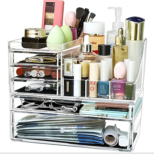 Greentainer Make-up Organizer für Schmuck,Pinsel,Lippenstifte,Schreibwaren,Große Kosmetik-Aufbewahrungsbox mit 8 Gitter und 5 Schubladen in verschiedenen Größen,Kosmetik-Organizer aus Acryl für Tisch